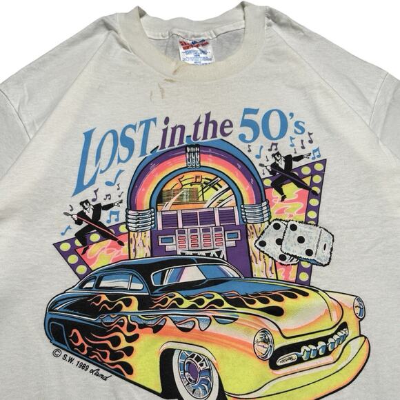 Vintage 90s Lost in the 50s Hot Rod Classic Car Graphic T Shirt Flame Dice L - Picture 2 of 7
